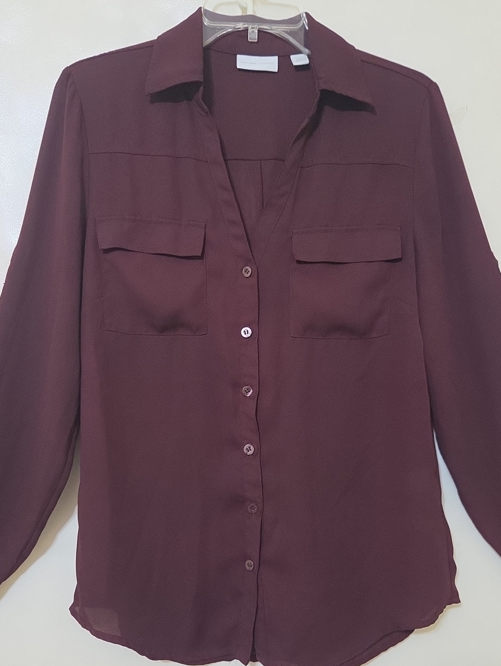 New York & Co Women's Burgundy Button-Up Blouse Roll-Tab Sleeve Polyester - Med